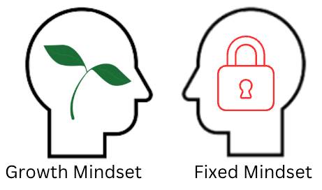 Two icons of two heads: one with a green leaf inside and one with a red lock inside. Caption underneath leaf head reads "growth mindset," and the caption underneath of the lock head reads "fixed mindset."